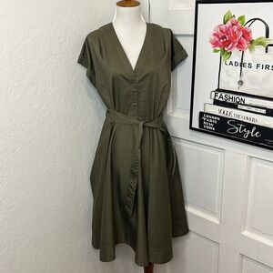 Iris & Ink Olive Green Belted Midi Dress Size 12